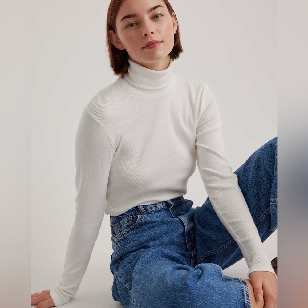 Quince Women’s Organic Cotton Micro Rib Turtleneck Long Sleeve White Sz S NEW